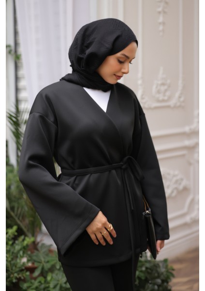 Siyah Kuşaklı Scuba Kimono