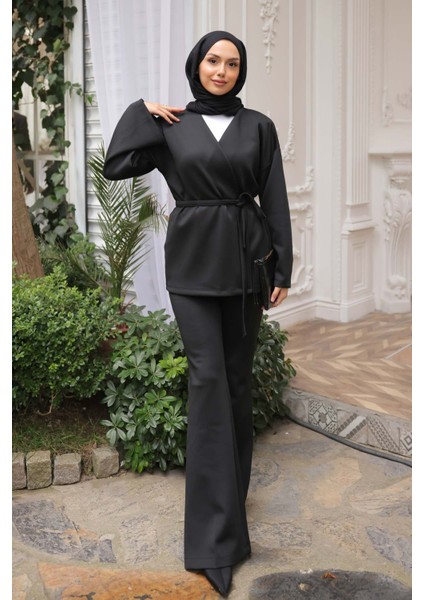 Siyah Kuşaklı Scuba Kimono fiyatları