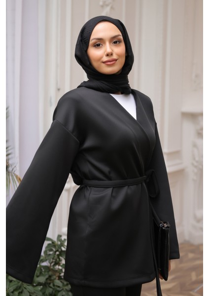 Siyah Kuşaklı Scuba Kimono modelleri