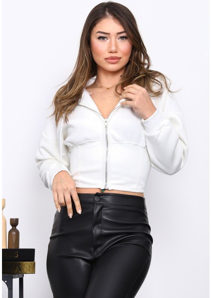 Ekru Bel Korseli Üç Iplik Fermuarlı Sweat Hırka