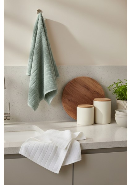 Microcotton 30X50 cm 2'li El-Yüz / Mutfak Havlu Seti Mint / Ekru