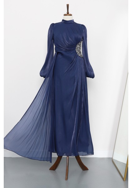 Lacivert Kolu Lastikli Taş Detaylı Abiye