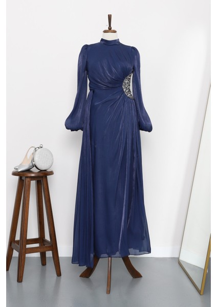 Lacivert Kolu Lastikli Taş Detaylı Abiye fiyatları