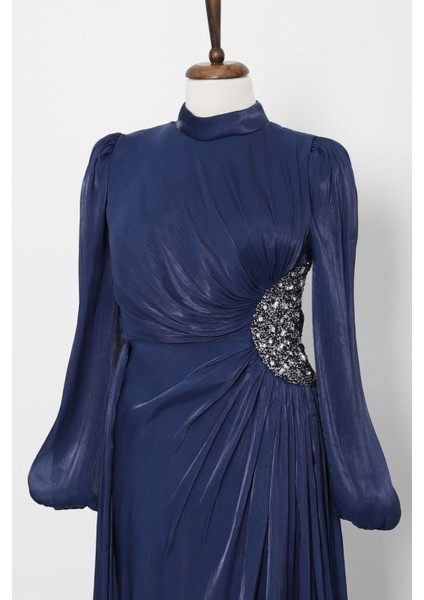 Lacivert Kolu Lastikli Taş Detaylı Abiye indirimleri