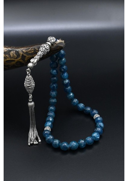 Doğal Apatit Taşlı 33'lük Tesbih 925 Ayar Gümüş Püsküllü 8mm Küre Kesim 902466