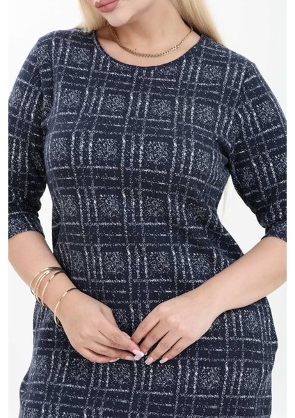 Çift Cepli Desenli Esnek Kışlık Büyük Beden Midi Elbise 21D-2756 modelleri