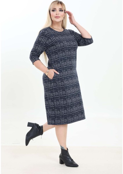 Çift Cepli Desenli Esnek Kışlık Büyük Beden Midi Elbise 21D-2756 indirimleri