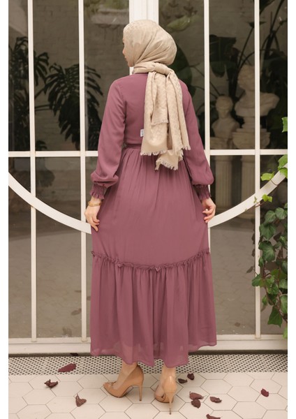 Gül Kurusu Eteği Katlı Kuşaklı Şifon Elbise fiyatları