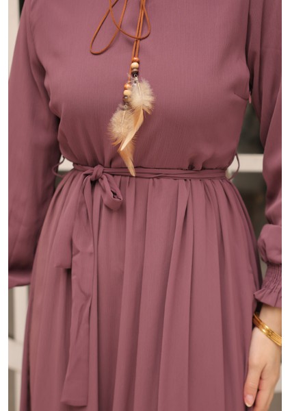 Gül Kurusu Eteği Katlı Kuşaklı Şifon Elbise modelleri