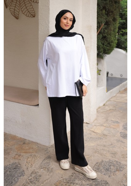 Beyaz Bisiklet Yaka Oversize Kol Ince Penye Sweat fiyatları