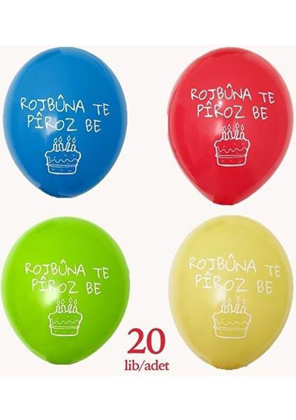 Kürtçe Doğum Günü Balonu - Karışık Renkli (20 Adet) - Rojbuna Te Piroz Be 12 Inç - 30 cm