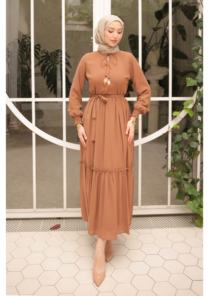 Camel Eteği Katlı Kuşaklı Şifon Elbise fiyatları