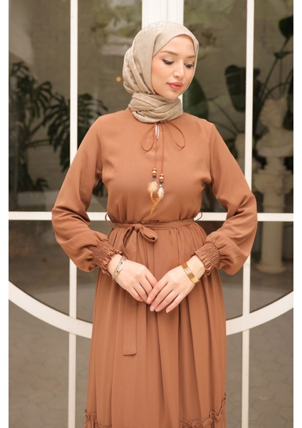 Camel Eteği Katlı Kuşaklı Şifon Elbise fırsatları