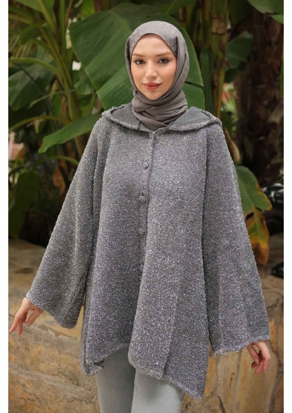 Gümüş Kapüşonlu Düğmeli Simli Triko Hırka indirimleri