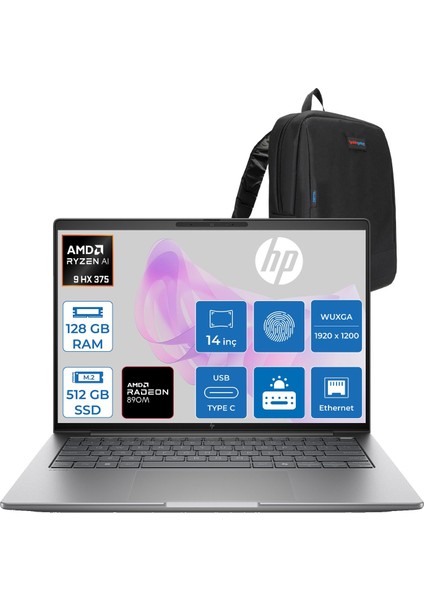 Zbook 8 G1IA Ryzen Al 9 Hx Pro 375 128GB 512GB SSD Amd Radeon 890M 14" Wuxga IPS 400NITS 100% Srgb Windows 11 Pro Taşınabilir Iş Istasyonu B30HKESP41 + Zettaçanta