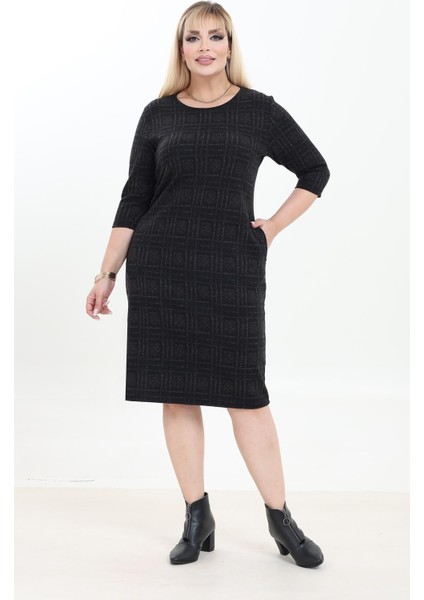 Çift Cepli Desenli Esnek Kışlık Büyük Beden Midi Elbise 22A-2753