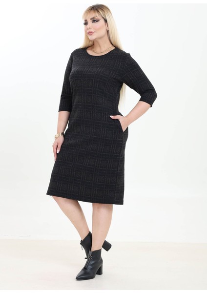 Çift Cepli Desenli Esnek Kışlık Büyük Beden Midi Elbise 22A-2753 fiyatları