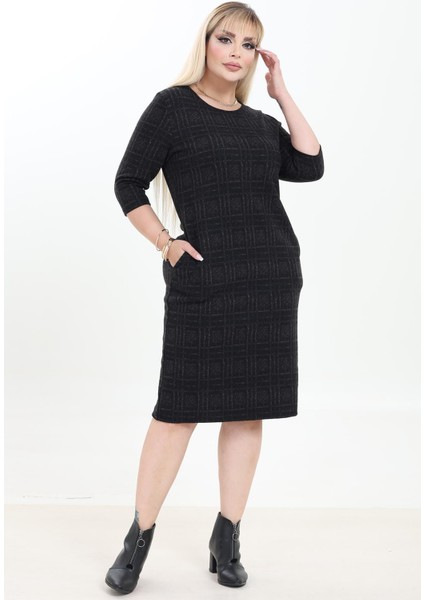 Çift Cepli Desenli Esnek Kışlık Büyük Beden Midi Elbise 22A-2753 modelleri