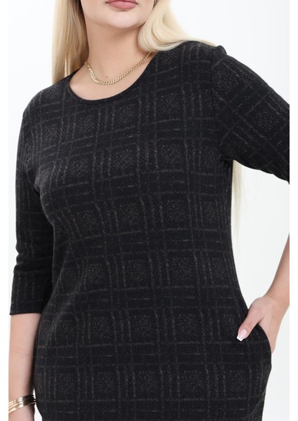 Çift Cepli Desenli Esnek Kışlık Büyük Beden Midi Elbise 22A-2753 fırsatları