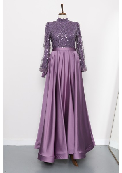 Lila Boncuklu Işlemeli Saten Abiye