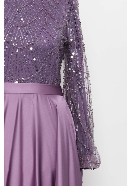 Lila Boncuklu Işlemeli Saten Abiye fiyatları