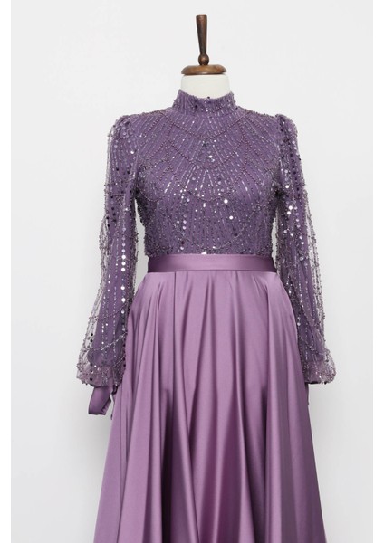 Lila Boncuklu Işlemeli Saten Abiye modelleri