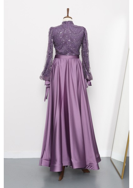 Lila Boncuklu Işlemeli Saten Abiye fırsatları