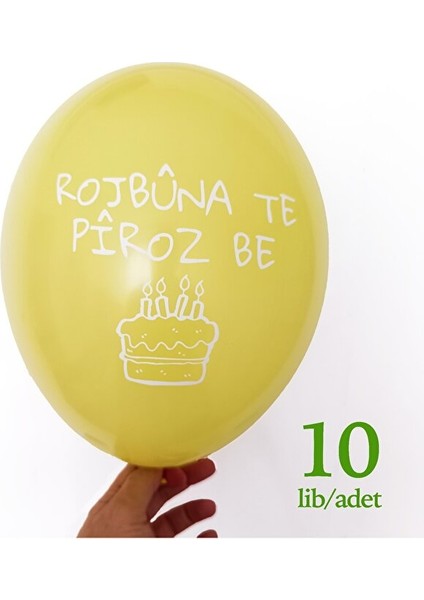 Kürtçe Doğum Günü Balonu - Sarı (10 Adet) - Rojbuna Te Piroz Be 12 Inç - 30 cm