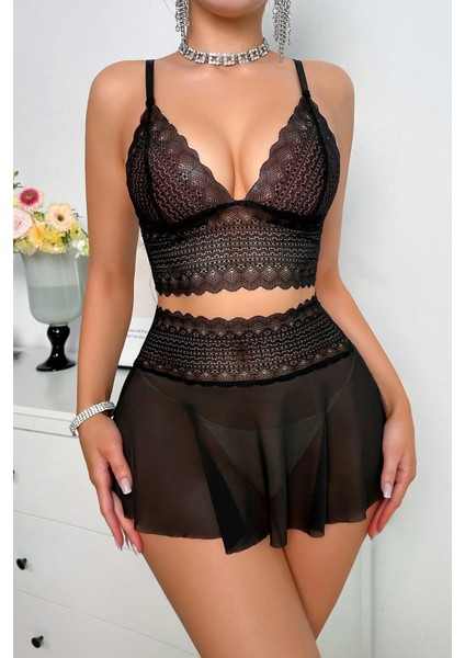 Kadın Siyah Dantel ve Tül Detaylı Etekli Şık Gecelik Takımı modelleri