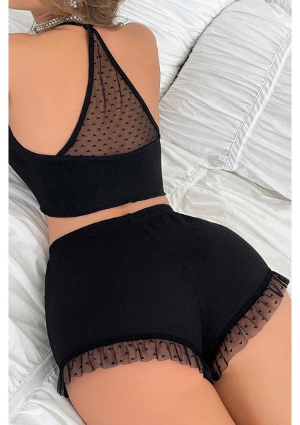 Kadın Siyah Kaşkorse Sırt ve Bacak Kısmı Puantiyeli Şortlu Gecelik Takım