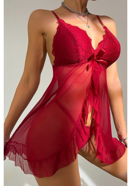 Kadın Bordo Dantelli, Fırfırlı Tül ve Fiyonk Detaylı Tangalı Gecelik Takımı fırsatları
