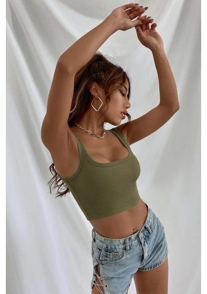 Kadın Haki Yeşili Kalın Askılı Crop Top Büstiyer modelleri