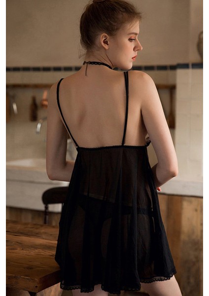 Kadın Siyah Transparan Dantelli Çift Sıra Askılı Şık Gecelik modelleri