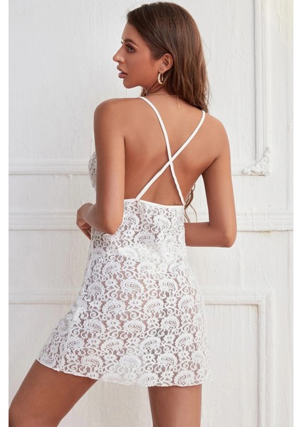 Kadın Beyaz Fırfırlı Tül Detaylı Sırtı Çapraz ve Açık Komple Dantel Gecelik fiyatları