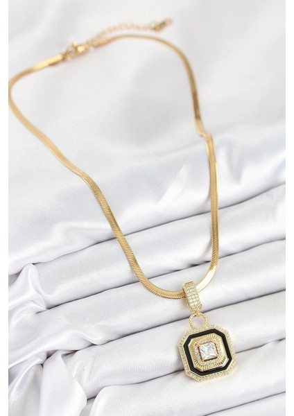 Çelik Zirkon Taşlı Siyah Detaylı Baget Model Gold Renk Kadın Kolye fiyatları