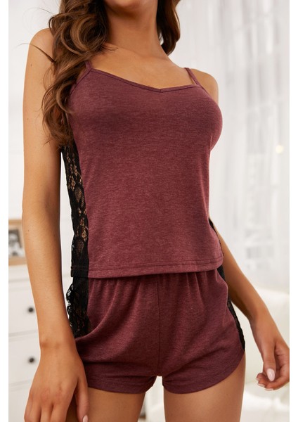 Kadın Bordo Dantelli Şortlu Gecelik Takım fırsatları