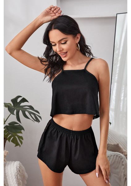 Kadın Siyah Arkası Komple Dantel Şortlu Gecelik Takım fırsatları