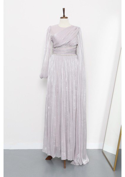 Gri Bel Büzgülü Taşlı Abiye