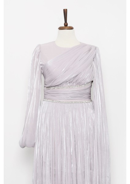 Gri Bel Büzgülü Taşlı Abiye modelleri