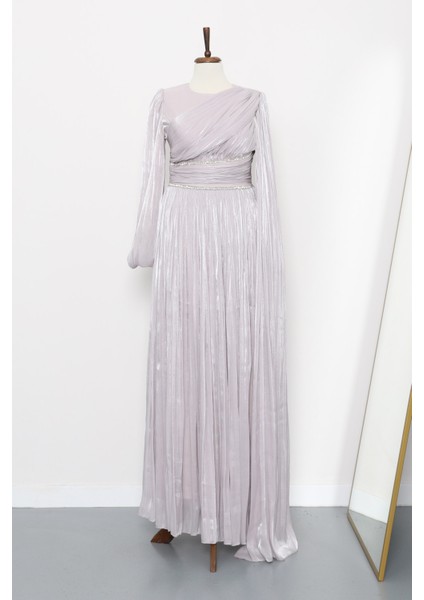 Gri Bel Büzgülü Taşlı Abiye indirimleri