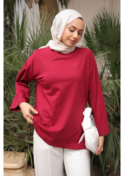 Bordo Bisiklet Yaka Oversize Kol Ince Penye Sweat