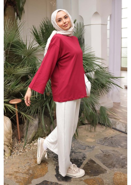 Bordo Bisiklet Yaka Oversize Kol Ince Penye Sweat modelleri