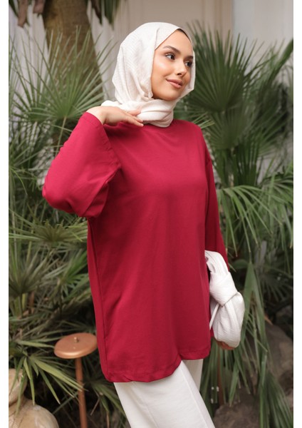 Bordo Bisiklet Yaka Oversize Kol Ince Penye Sweat fırsatları