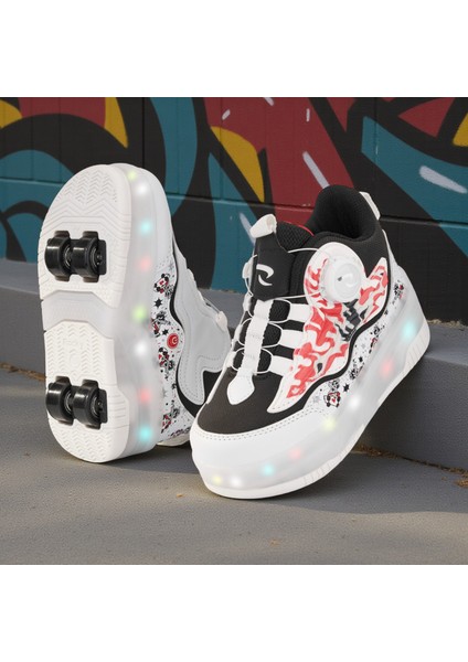 Flames Çocuk Patenli Işıklı Tekerlekli Spor Ayakkabı & Beyaz-Siyah Kaykay Ayakkabı 4 Teker