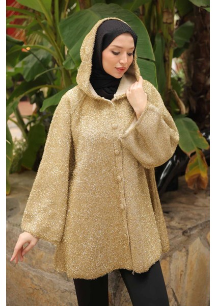 Gold Kapüşonlu Düğmeli Simli Triko Hırka