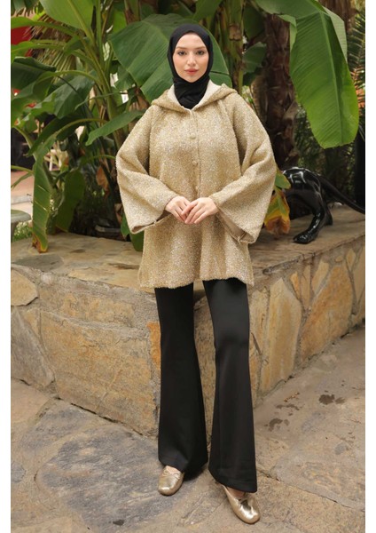 Gold Kapüşonlu Düğmeli Simli Triko Hırka fiyatları