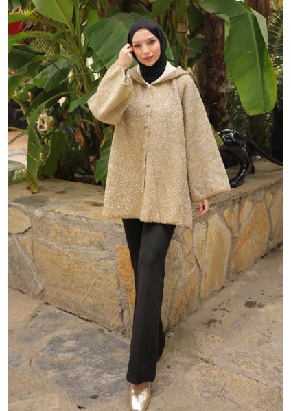 Gold Kapüşonlu Düğmeli Simli Triko Hırka modelleri