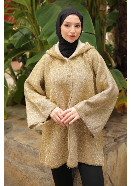 Gold Kapüşonlu Düğmeli Simli Triko Hırka fırsatları