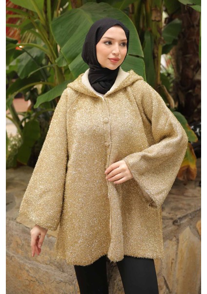 Gold Kapüşonlu Düğmeli Simli Triko Hırka indirimleri
