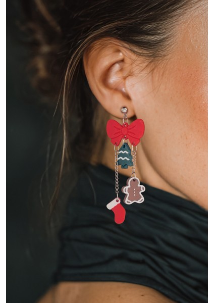 Yılbaşı Kurdele Noel & Kurabiye Figürlü Zincirli Özel Tasarım Küpe